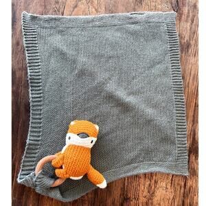 Modern Baby Grey Knit With crochet Fox Baby Security Blanket